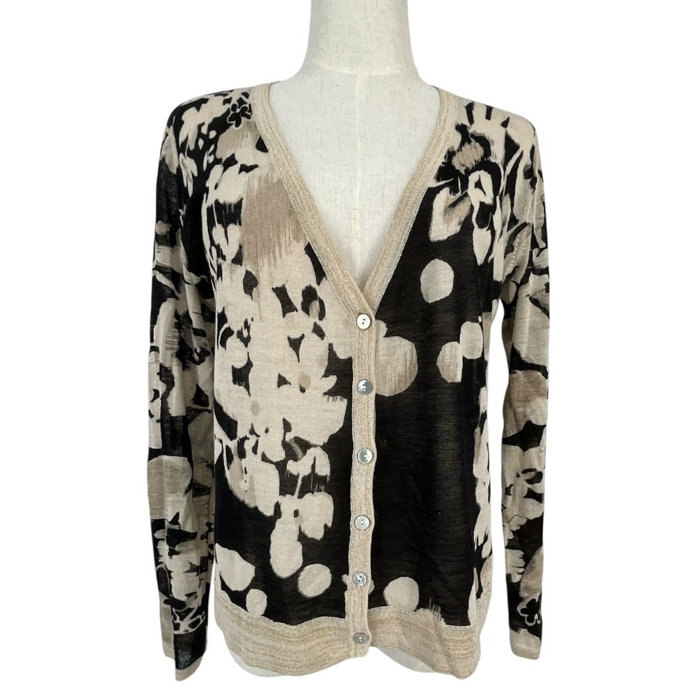 Chicos Cardigan‎ Sweater Womens 0 Sm US 4 Tan Abstract Floral Metallic Trim